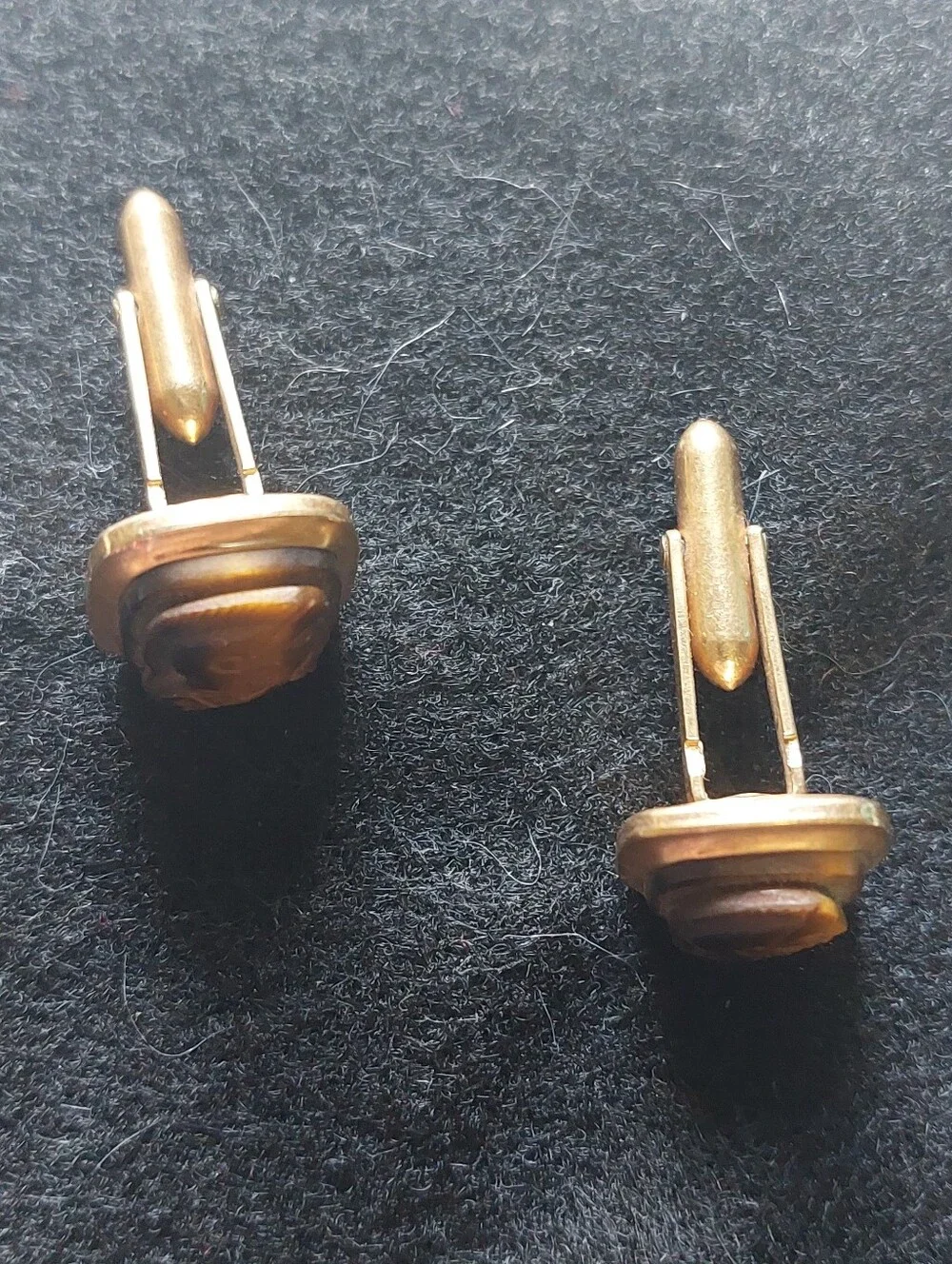 Vintage 3-Pc Mid-Century Tiger Eye Cameo Roman Soldier Cufflinks 12K Gold Filled